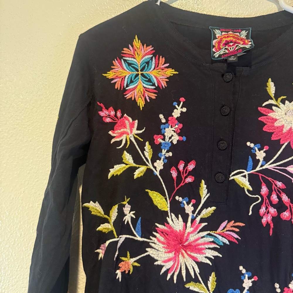 Johnny Was Black Henley Top with Pink, Yellow & Teal Floral Embroidery XS
